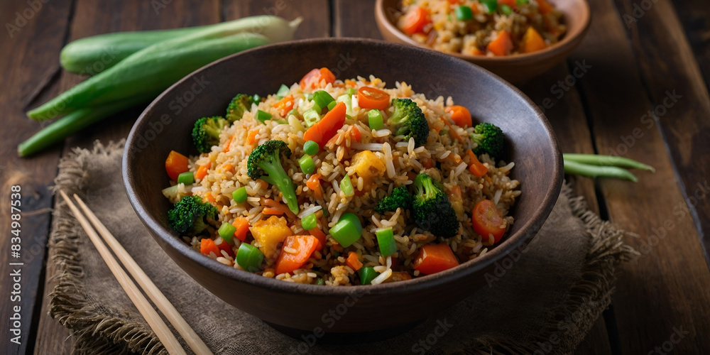 Wholesome Vegan Rice Bowl with Colorful Vegetables on Wooden Table