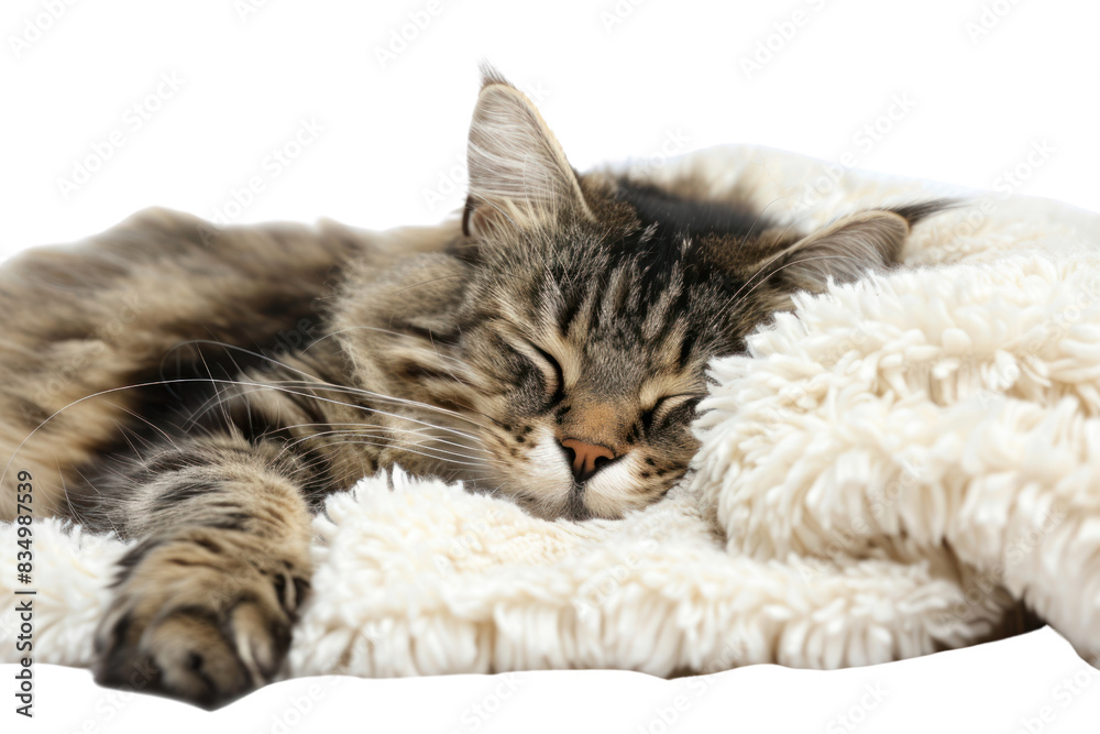 A fluffy tabby cat curled up asleep on a soft white blanket, isolated on white background A fluffy tabby cat curled up asleep on a soft white blanket, isolated on white background