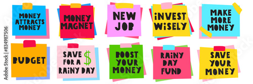 Sticky notes with phrases about money. Flat design. Hand drawn vector illustrations on white background.