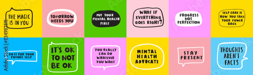 Collection of motivational mental health phrases. Lettering. Vector flat illustrations on multicolored backgrounds. 