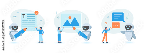 Artificial intelligence set. Characters using Ai technology for copyrighting, image creation and answering questions. AI Assistant, Neural network and chat bot concept. Vector illustration.