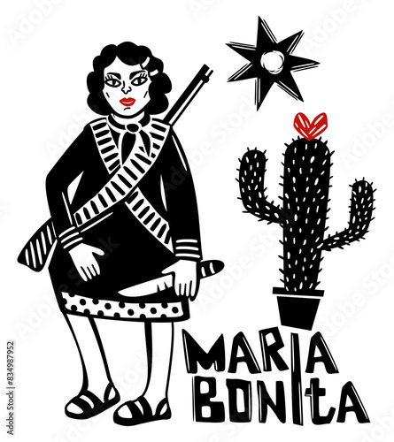 Maria Bonita. Folk heroine of Brazil. Brazilian cordel style. Northeast woodcut style