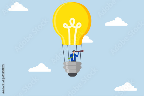 Search for new business opportunity, businessman rides light bulb balloon with telescope and looks for a vision.