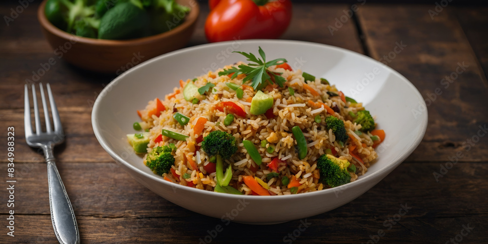 Wholesome Vegan Rice Bowl with Colorful Vegetables on Wooden Table Wholesome Vegan Rice Bowl with Colorful Vegetables on Wooden Table