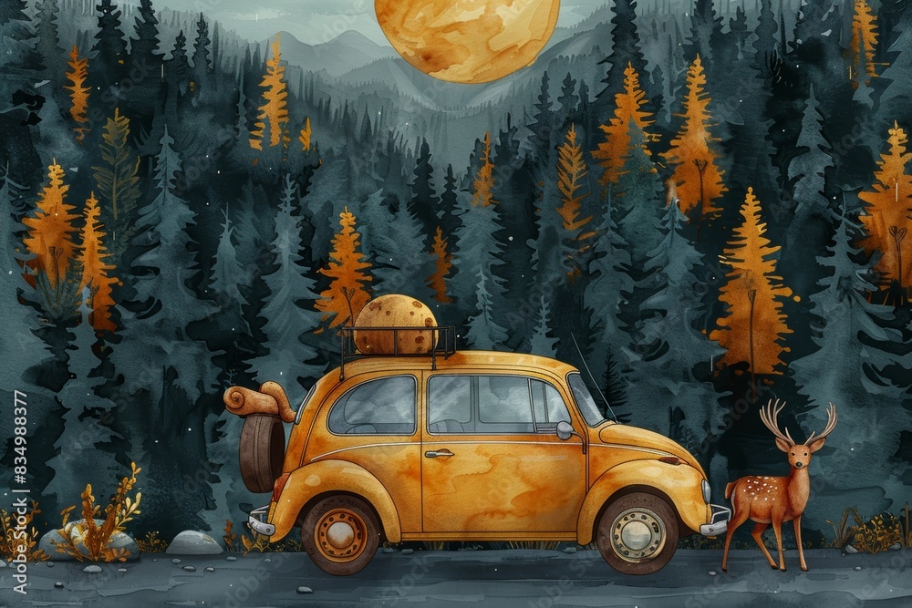 Fototapeta premium Illustration of mountain winter solstice landscape with a large moon and night clear sky with tree silhouette with moonlight, silhouette mountain with dark valley with dew illustration