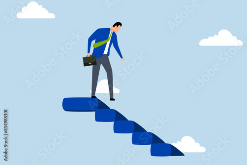 Step down from CEO of company, businessman walks down stairs after achieving all his life goals