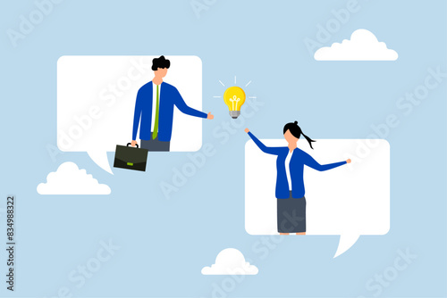 Business communication, colleague stands on chat bubble and talks about new ideas.