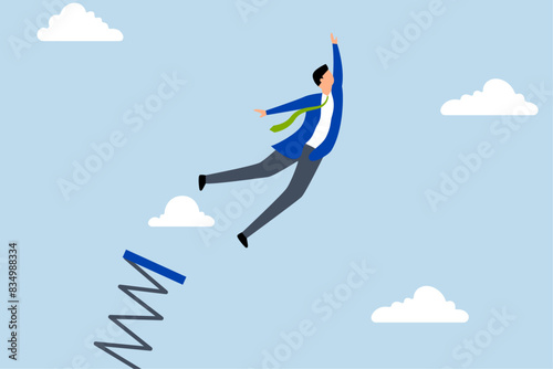 Boost up business growth, businessman manager jumps on diving board high into the sky.