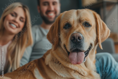 Happy family with dogs moving to new apartment pet puppy at home boxes package buy property relocation exploring house furniture help rent owner beautiful domestic dog donation charity having fun