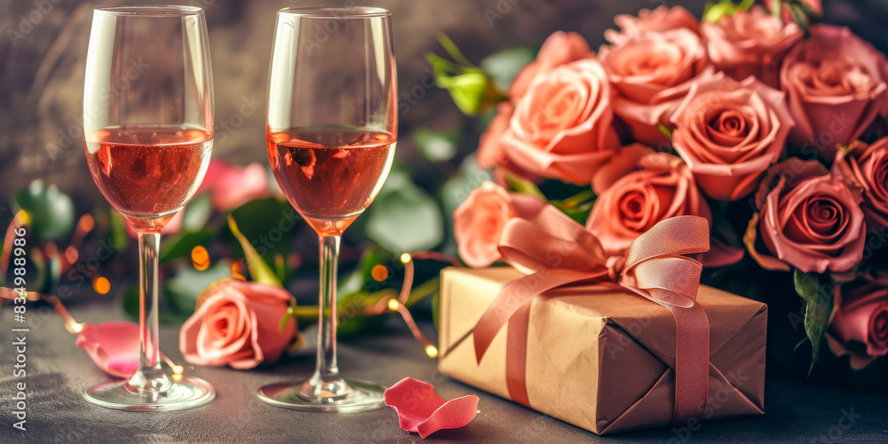 A bouquet of roses with a gift box and two wine glasses filled with wine A bouquet of roses with a gift box and two wine glasses filled with wine