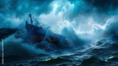 Symbolism of sinking ship in stormy sea representing profound anguish. Concept Profound Anguish, Sinking Ship, Stormy Sea, Symbolism, Emotional Turmoil photo