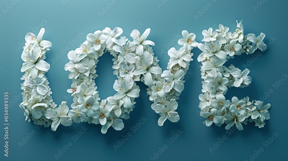 Stunning UHD 16K Photorealistic Floral Arrangement Spelling 'LOVE' with White Flowers Against Robin Egg Blue Background. Unique Blend of Plumeria, Hibiscus, Ginger, and Orchids Showcasing Artistic Mas Stunning UHD 16K Photorealistic Floral Arrangement Spelling 'LOVE' with White Flowers Against Robin Egg Blue Background. Unique Blend of Plumeria, Hibiscus, Ginger, and Orchids Showcasing Artistic Mas