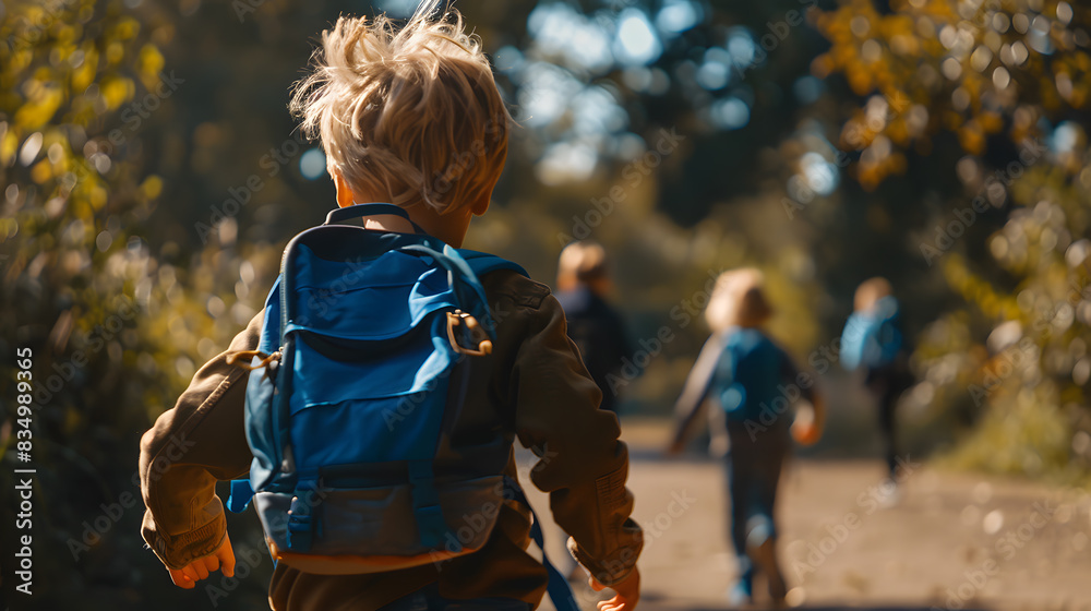 Obraz premium Back view of blond boy with backpack running to his school friends, blur background, people in the park in the morning