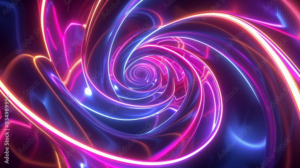 An extraordinary 3D abstract composition featuring neon light ribbons spiraling around each other, generating a vivid, radiant display of colors and energy. An extraordinary 3D abstract composition featuring neon light ribbons spiraling around each other, generating a vivid, radiant display of colors and energy.