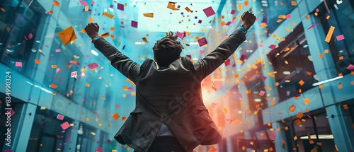 A salesperson celebrating a successful quarter with the sales team close up, celebration theme, futuristic, manipulation, office backdrop