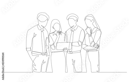 Continuous one line drawing of female employee and colleagues talking about marketing performance, casual business meeting concept, single line art.