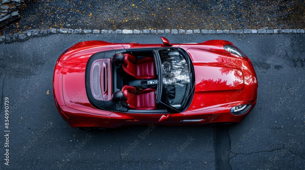 Fototapeta premium aerial top view of red convertible sports car with soft top down luxury automotive photography
