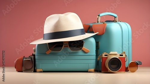 3d illustration suitcase with sun glasses, hat and camera, travel concept. minimal style