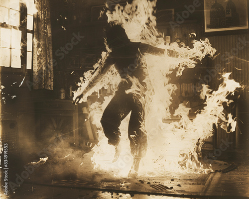 Silhouette of a person engulfed in flames, burned, surrounded by fire, inside a house with burning windows. Old photograph of a paranormal phenomenon of spontaneous combustion. photo