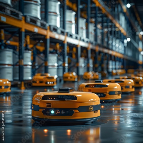 Autonomous orange robots navigating a high-tech warehouse with shelves filled with goods, showcasing modern logistics technology. © KC.