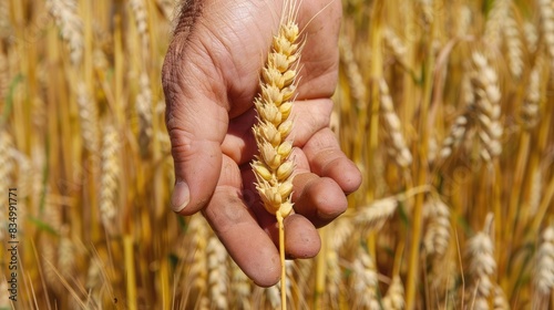 Hand holding a mature ear of wheat in a field depicting agriculture grain wheat and cereal