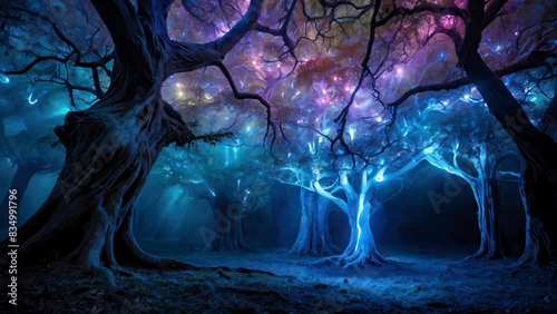 Fantasy forest trees with mystical glowing magical energy, colorful blue purple surreal enchanted landscape