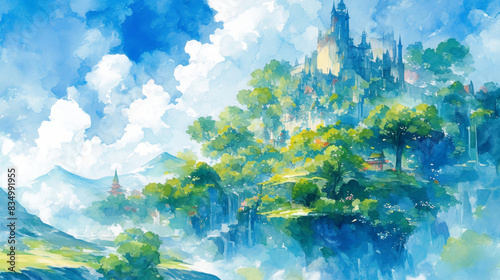 Beautiful Landscape Watercolor - Castle in the Sky and Lush Hills