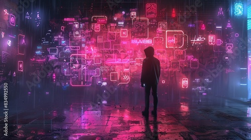 Cyberpunk city wall graffiti neon glow concept background wallpaper