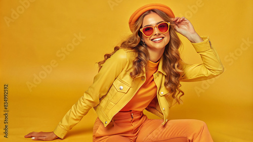 A young woman, dressed in a trendy outfit, strikes an energetic pose. Her dynamic stance and vibrant attire make this a captivating fashion photograph. © hobonski