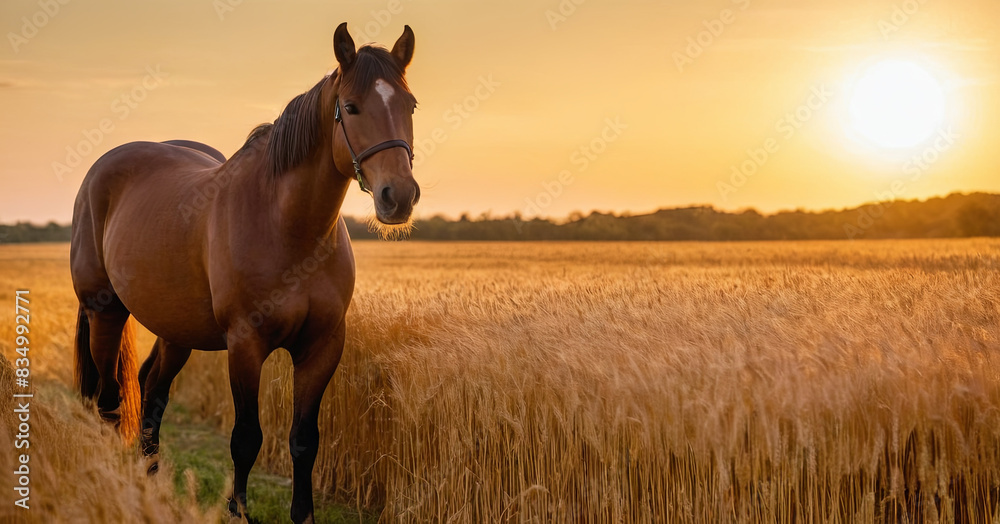 A brown horse stands in a field of golden wheat, bathed in the warm light of the setting sun