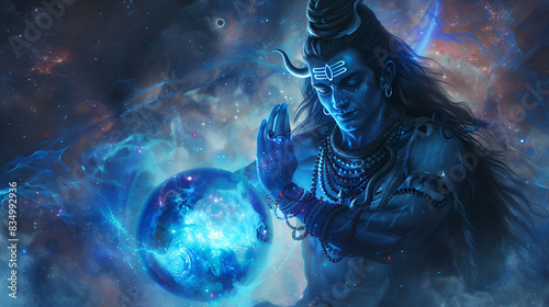 Cinematic illusion of Lord Shiva s in space universe  holding a glowing blue sphere planet as Sirius  galaxy  aura surround  floating objects  magnetic field  quantum  spectral light body  interwoven