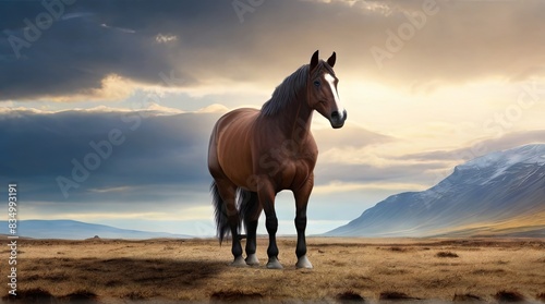 A brown horse stands in a field at sunset  with mountains in the background. The sky is filled with clouds  and the sun is setting behind them