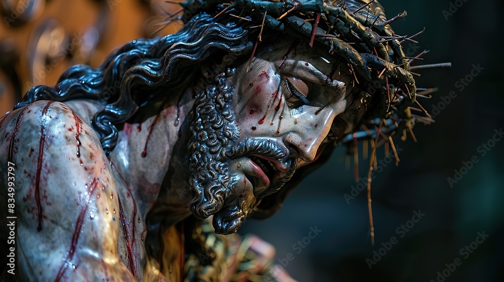 An image of Jesus Christ on the cross, in a moment of agony. An image of Jesus Christ on the cross, in a moment of agony.