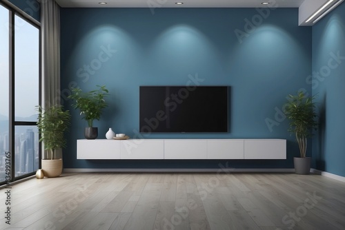 Interior home of living room with wooden cabinet for TV LED on blue wall background