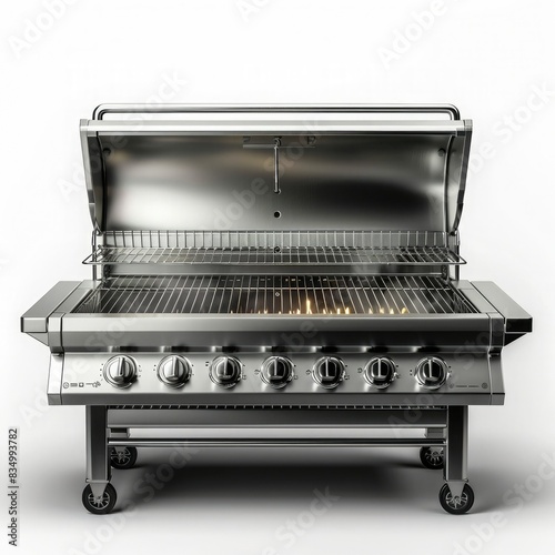 A shiny stainless steel gas grill with six burners and a closed lid, ready for grilling. photo