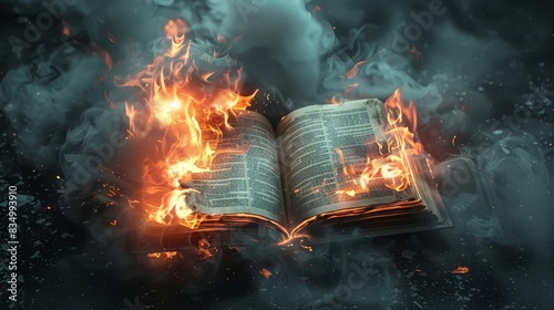 burning book emitting fire and smoke knowledge destruction concept 3d illustration photo
