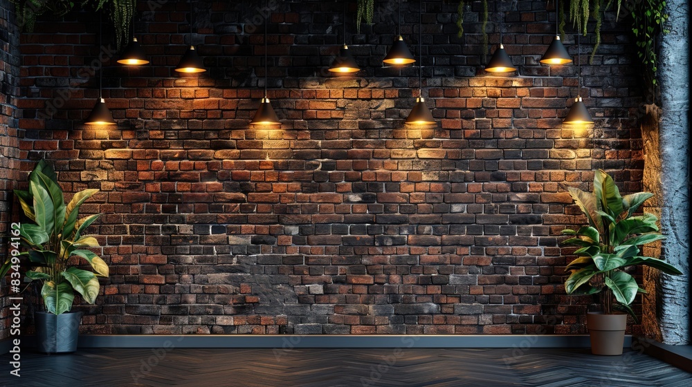 Fototapeta premium Room with brick wall and black lights background