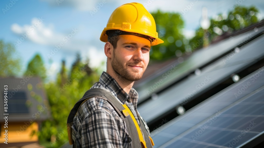 A solar panel installation technician or engineer wearing a safty helmet with solar system on the roof in the background A solar panel installation technician or engineer wearing a safty helmet with solar system on the roof in the background