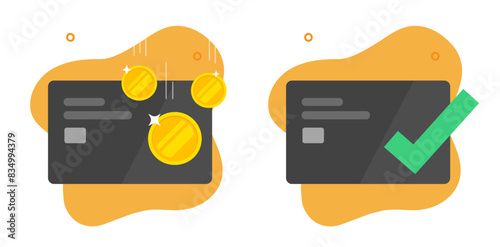 Payment success via credit bank card icon vector graphic illustration set, money pay received to electronic wallet, verified check mark cash transaction image clip art