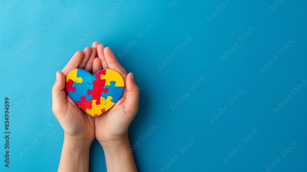 colorful puzzle heart in the hands, autism awareness concept colorful puzzle heart in the hands, autism awareness concept