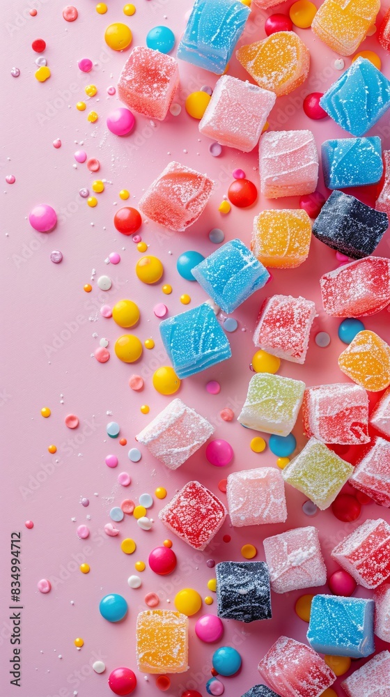 A close up of a pile of colorful candies on a pink surface A close up of a pile of colorful candies on a pink surface