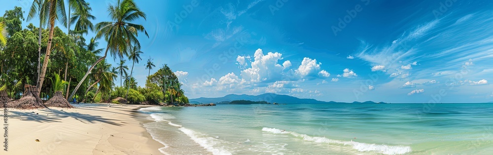 Fototapeta premium Panoramic Tropical Beach with Palm Trees and Blue Sea