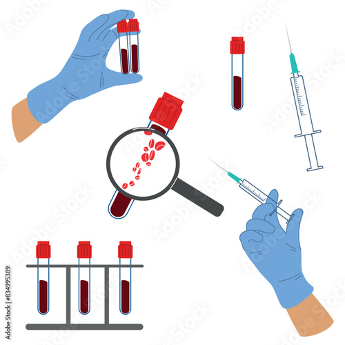 Set of illustrations of medical tests. Chemical testing of patient blood samples, medical test tubes with blood samples, blood donation, laboratory research concept