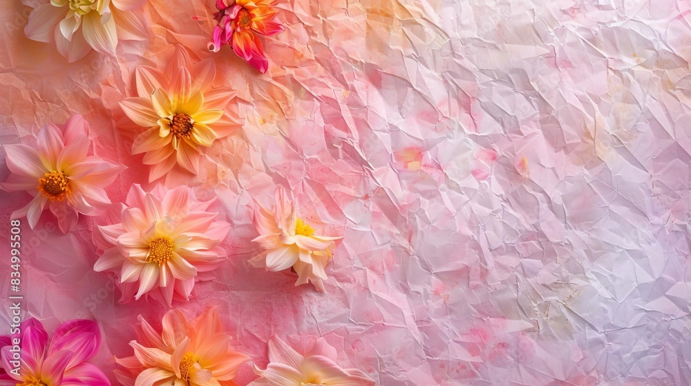 colorful gradient chains of dahlia flowers with crumpled paper texture decorative floral background