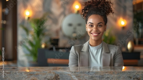 A secretary welcoming visitors with a warm smile at the front desk focus on hospitality, greeting theme, dynamic, manipulation, reception area backdrop photo