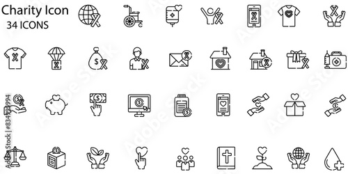 Charity icon set. Collection of donate, heart, unity, community, and more. Vector illustration. Easily changes to any color.
