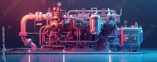 Gas compressor installation flat design front view futuristic theme water color vivid