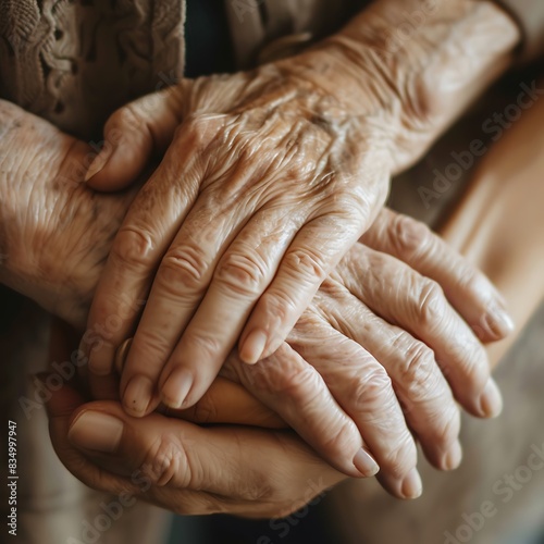 An old person and a young person holding hands, showing elderly care. © Sheraz