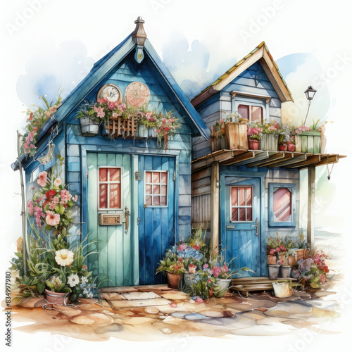 Watercolor Beach Hut Illustration, Generative Ai