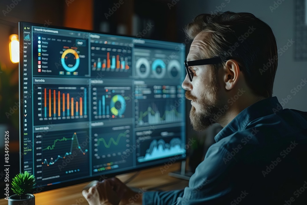 A social media manager analyzing engagement metrics on a dashboard close up, data analysis theme, realistic, blend mode, office desk backdrop A social media manager analyzing engagement metrics on a dashboard close up, data analysis theme, realistic, blend mode, office desk backdrop